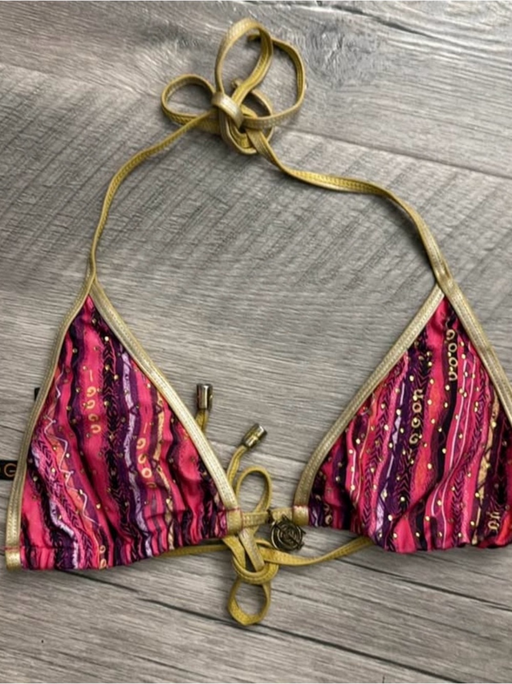 Gold-Trim Pink Patterned Triangle Bikini Top - Women Swim